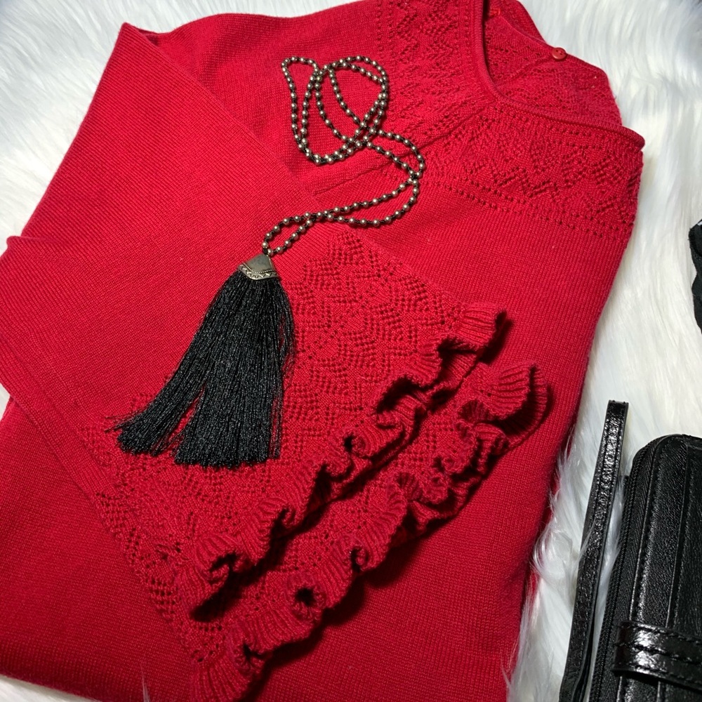 Style & Co Red square neck tunic cotton sweater, ruffle edge sleeves, Large.